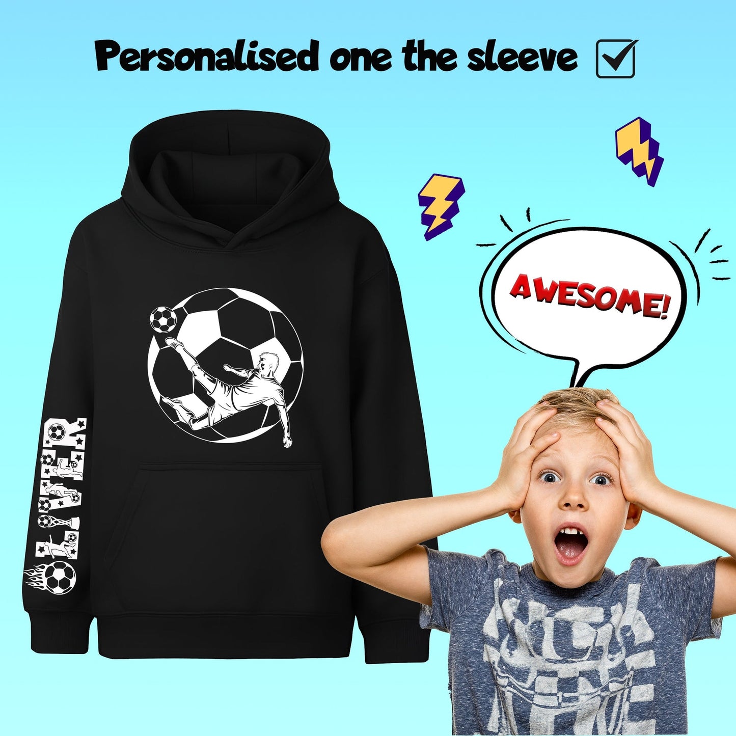 Sweat à capuche football – Fringoo football noir for Boys Cotton Rich Soft Hooded – football Sleeve noir