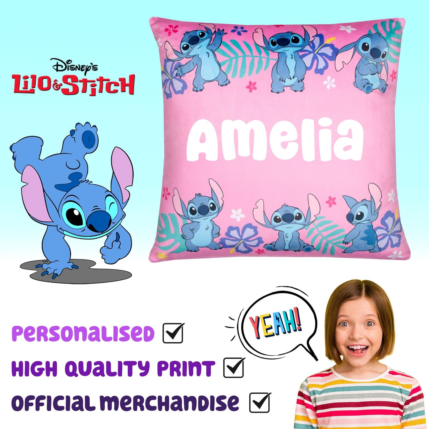 Housse de coussin Stitch – Disney Stitch 44 x 44 cm Super Soft Pillow Case Gift for Girls Bedroom Home Décor