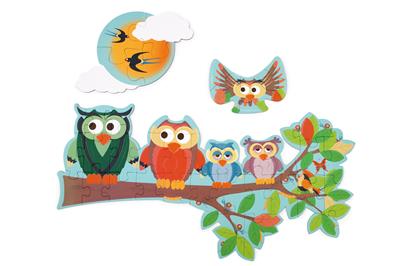 Scratch Puzzle 2 faces 39pcs: HIBOU Jour/Nuit 63x40cm, en boîte forme 23,5x23,5x6,5cm, 4+