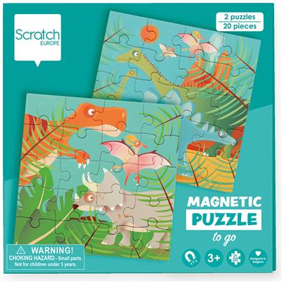 Scratch Puzzle Magnétique: LIVRE DE PUZZLE MAGNÉTIQUE EN ROUTE - DINOSAURES 18x18x1.5cm (plié), 54x18x0.5cm (déplié), avec 2 puzzles magnétiques de 20 pièces, 3+